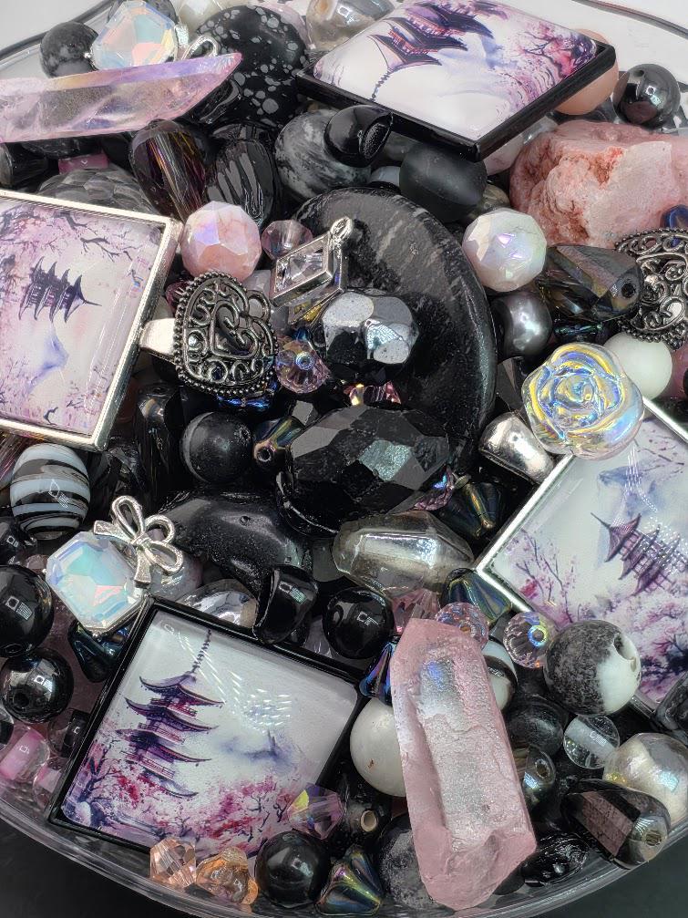 Sakura Mist Bead Soup Mix | Soft Pink Black Glass Beads | Pagoda Mt. Fuji Cabochon Pendants | DIY Jewelry Making | Learise Curated Mix