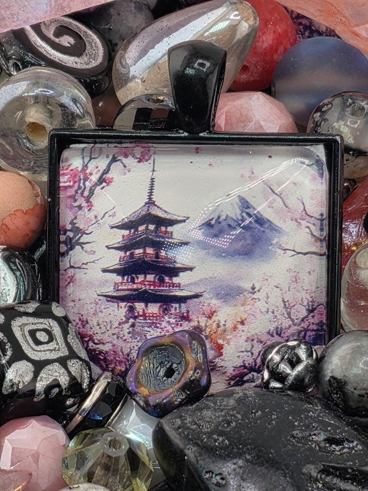 Sakura Mist Bead Soup Mix | Soft Pink Black Glass Beads | Pagoda Mt. Fuji Cabochon Pendants | DIY Jewelry Making | Learise Curated Mix