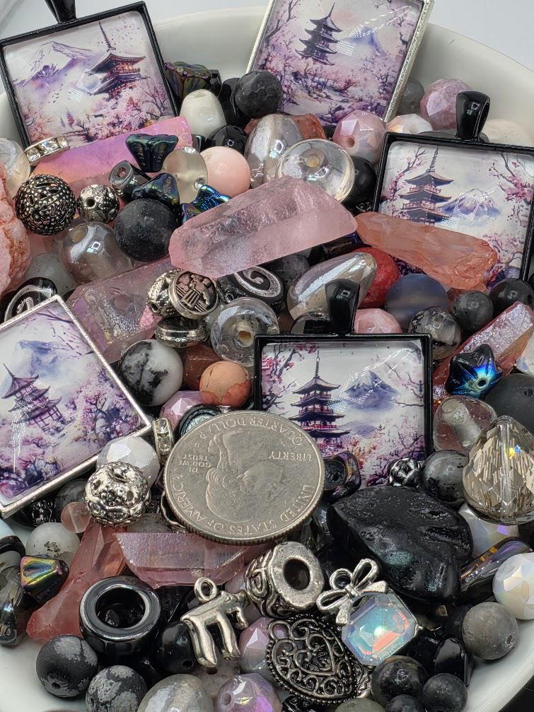 Sakura Mist Bead Soup Mix | Soft Pink Black Glass Beads | Pagoda Mt. Fuji Cabochon Pendants | DIY Jewelry Making | Learise Curated Mix