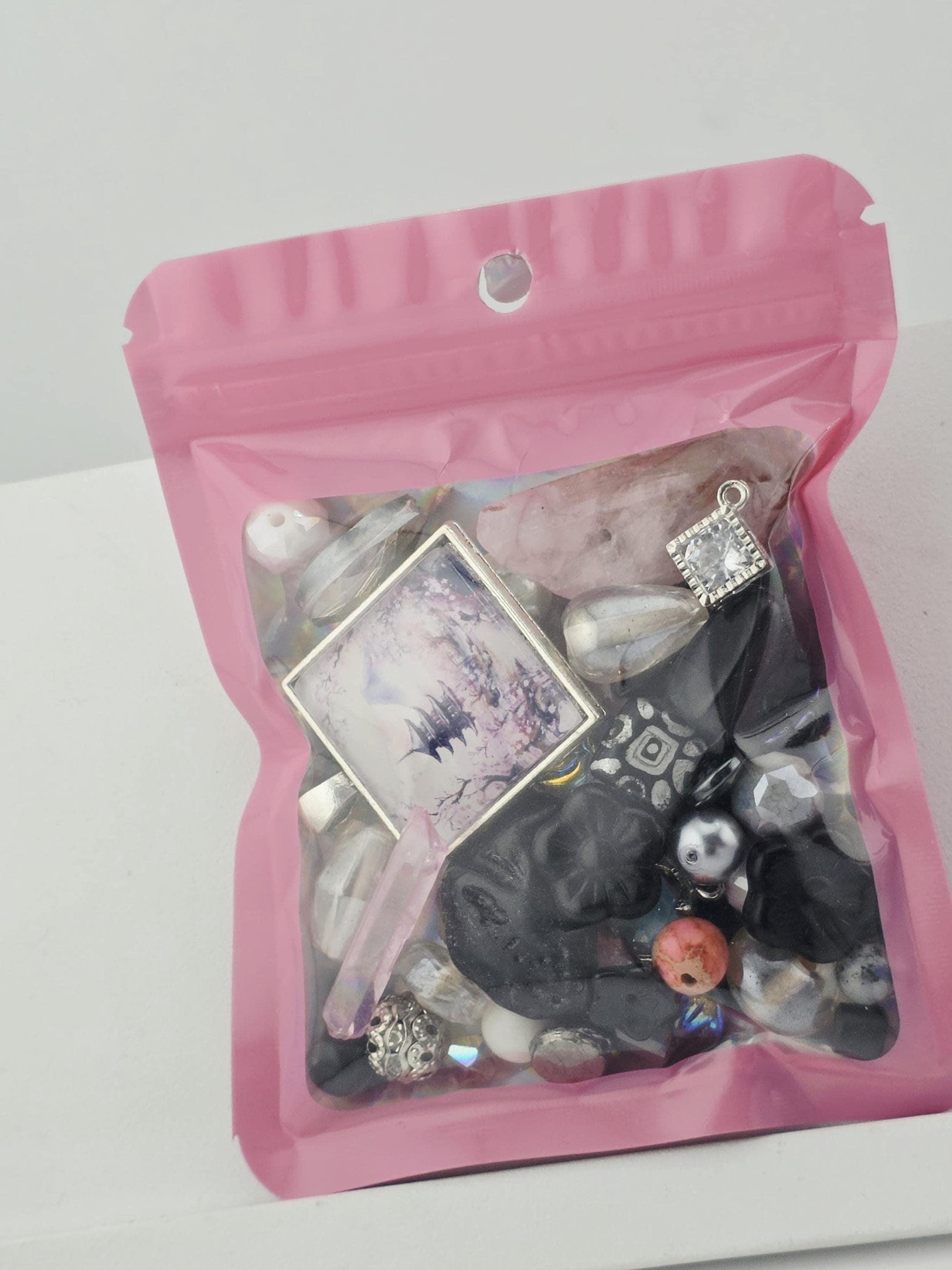 Sakura Mist Bead Soup Mix | Soft Pink Black Glass Beads | Pagoda Mt. Fuji Cabochon Pendants | DIY Jewelry Making | Learise Curated Mix