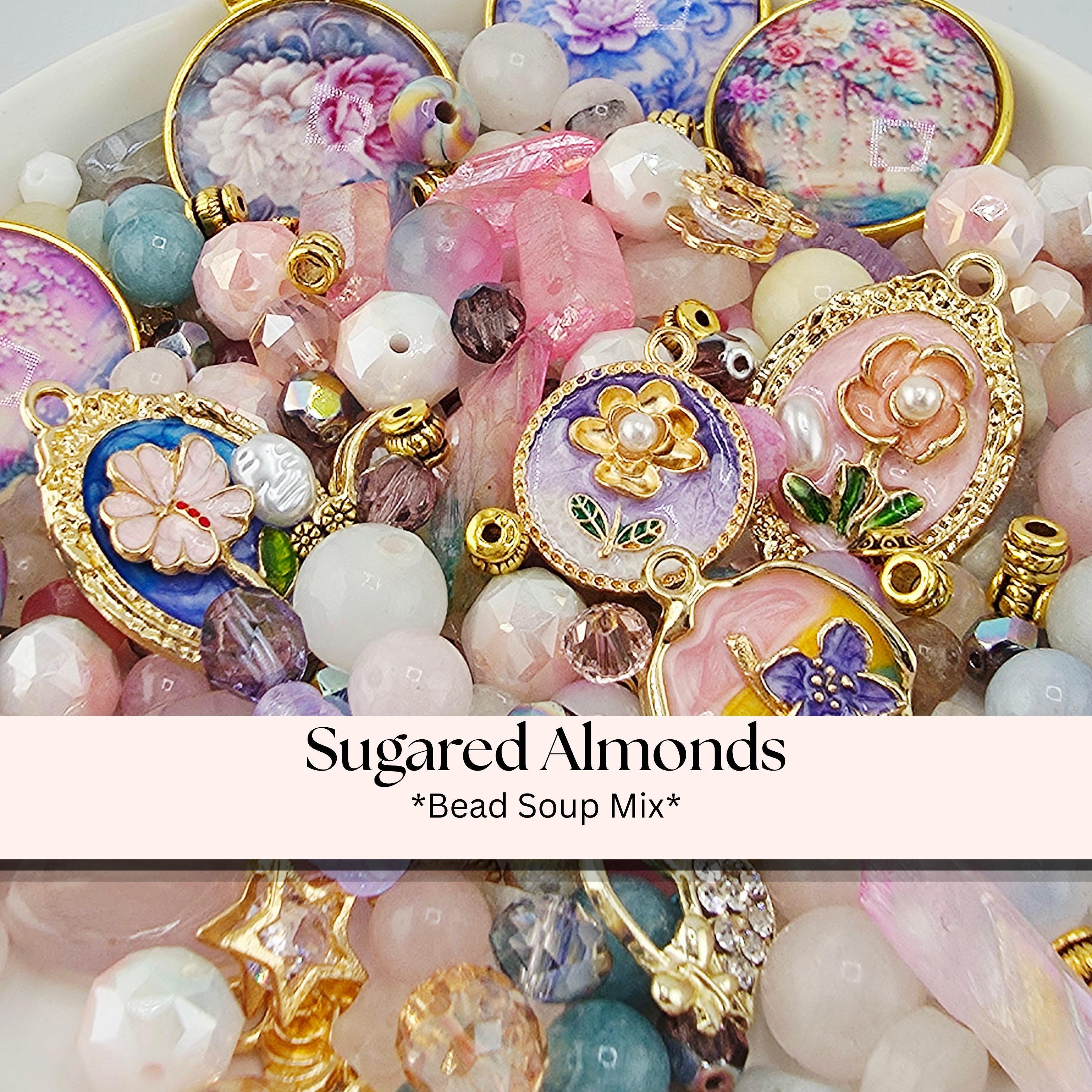 Sugared Almonds Bead Soup Mix | Pastel Pink and Gold Glass Beads | Cloisonne Floral Cabochon Pendants | DIY Jewelry Making