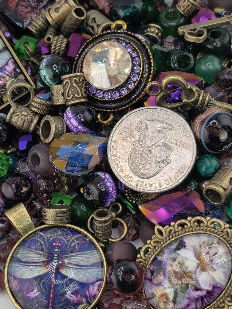 Dragonfly Dusk Bead Soup Mix | Plum and Antique Bronze Glass Beads | Dragonfly and Pansy Cabochon Pendants | DIY Jewelry Making