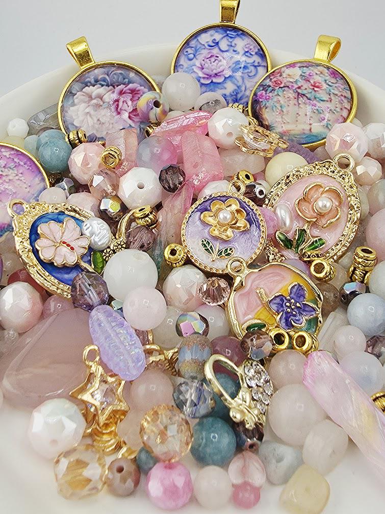Sugared Almonds Bead Soup Mix | Pastel Pink and Gold Glass Beads | Cloisonne Floral Cabochon Pendants | DIY Jewelry Making