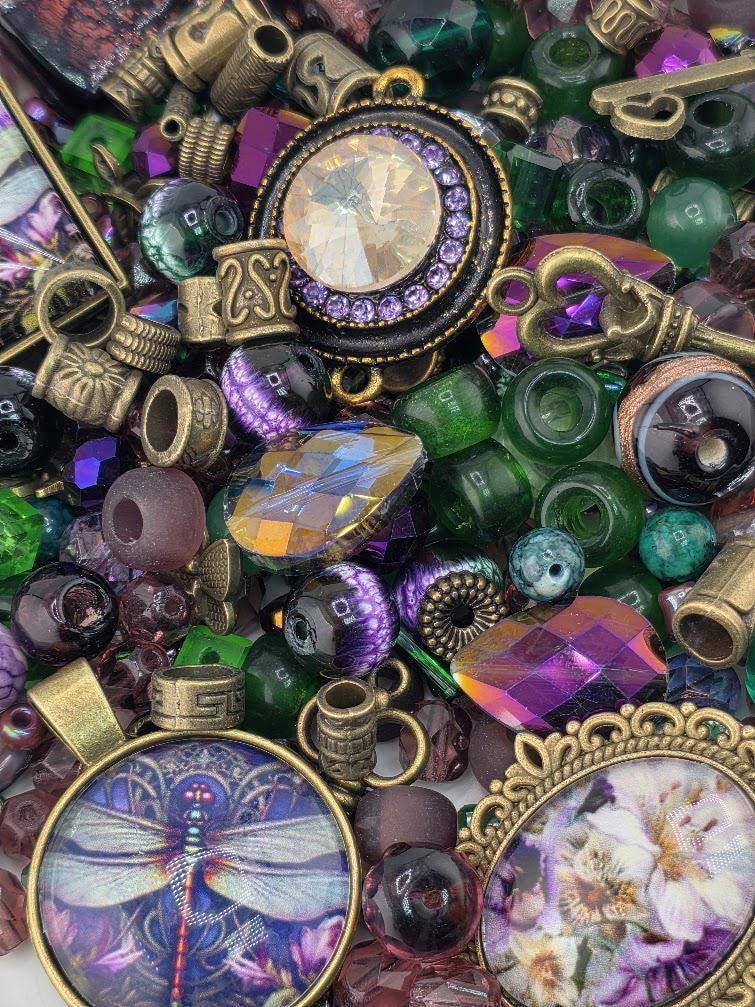 Dragonfly Dusk Bead Soup Mix | Plum and Antique Bronze Glass Beads | Dragonfly and Pansy Cabochon Pendants | DIY Jewelry Making