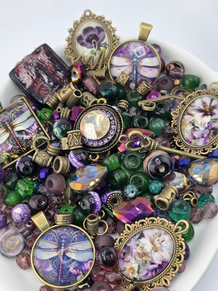 Dragonfly Dusk Bead Soup Mix | Plum and Antique Bronze Glass Beads | Dragonfly and Pansy Cabochon Pendants | DIY Jewelry Making