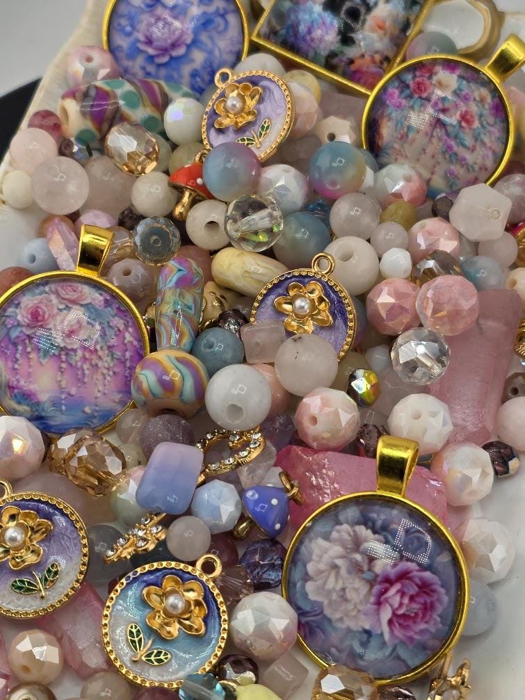 Sugared Almonds Bead Soup Mix | Pastel Pink and Gold Glass Beads | Cloisonne Floral Cabochon Pendants | DIY Jewelry Making