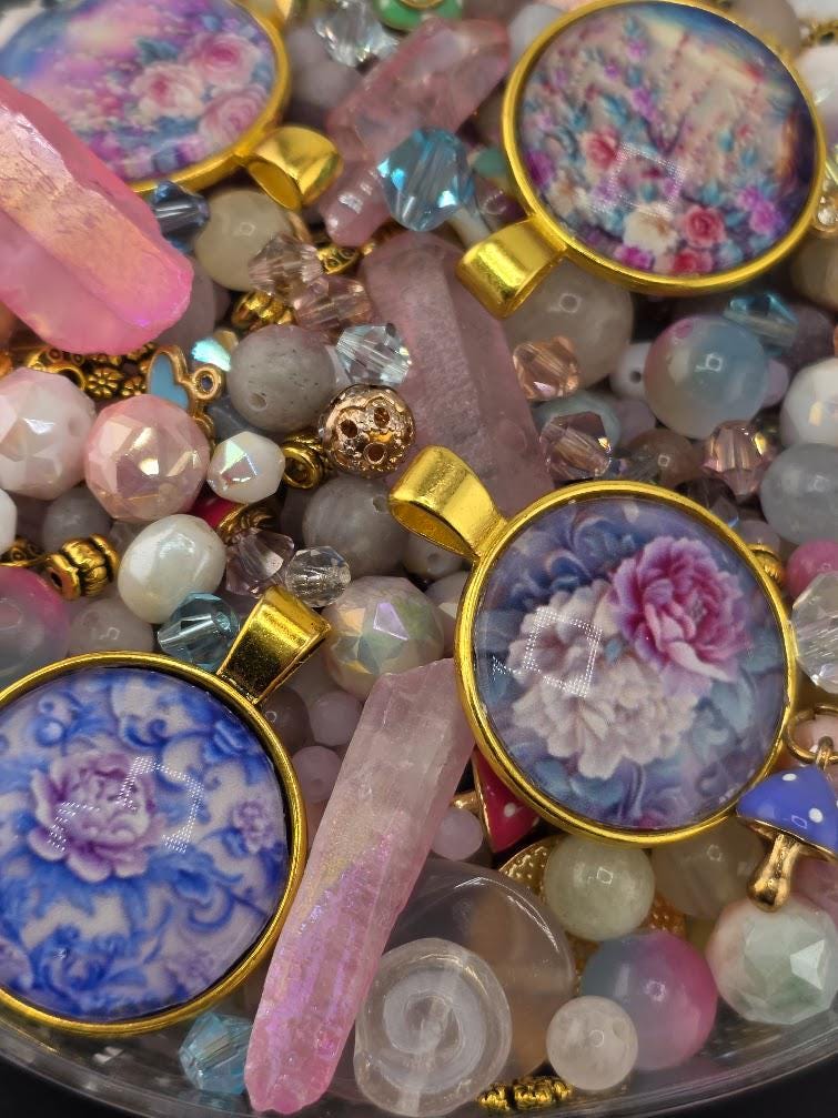 Sugared Almonds Bead Soup Mix | Pastel Pink and Gold Glass Beads | Cloisonne Floral Cabochon Pendants | DIY Jewelry Making