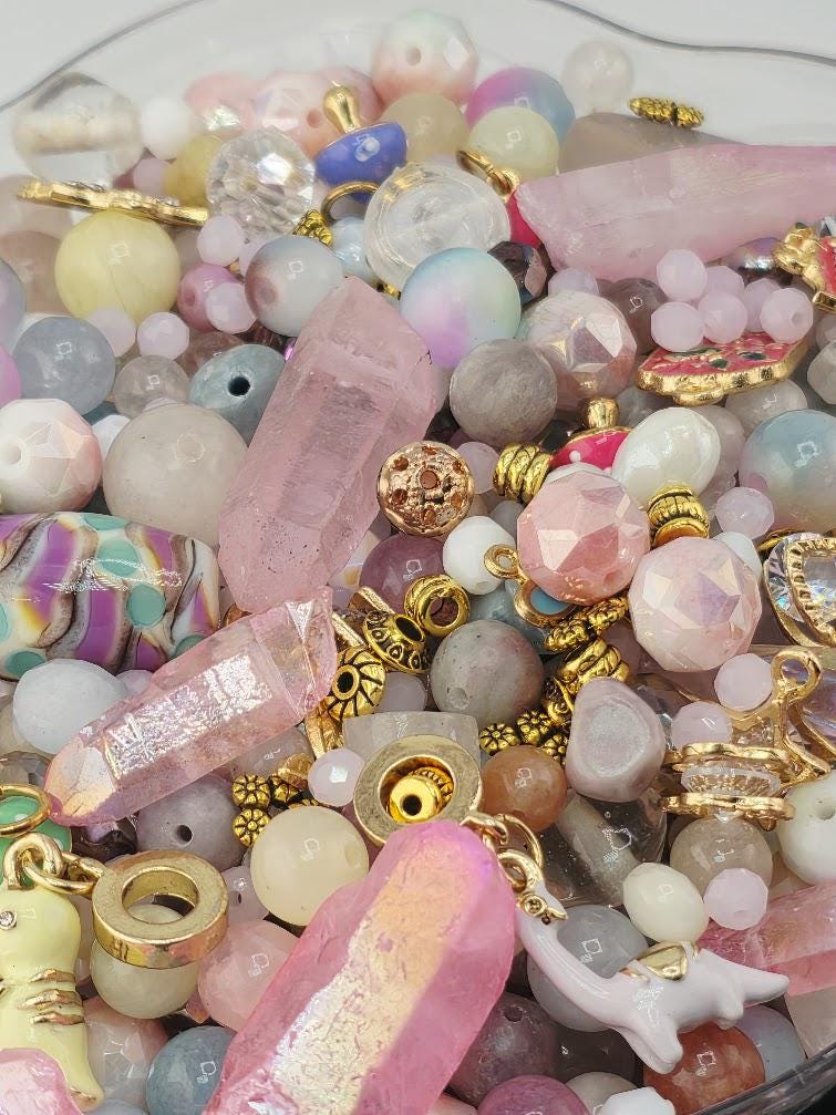 Sugared Almonds Bead Soup Mix | Pastel Pink and Gold Glass Beads | Cloisonne Floral Cabochon Pendants | DIY Jewelry Making