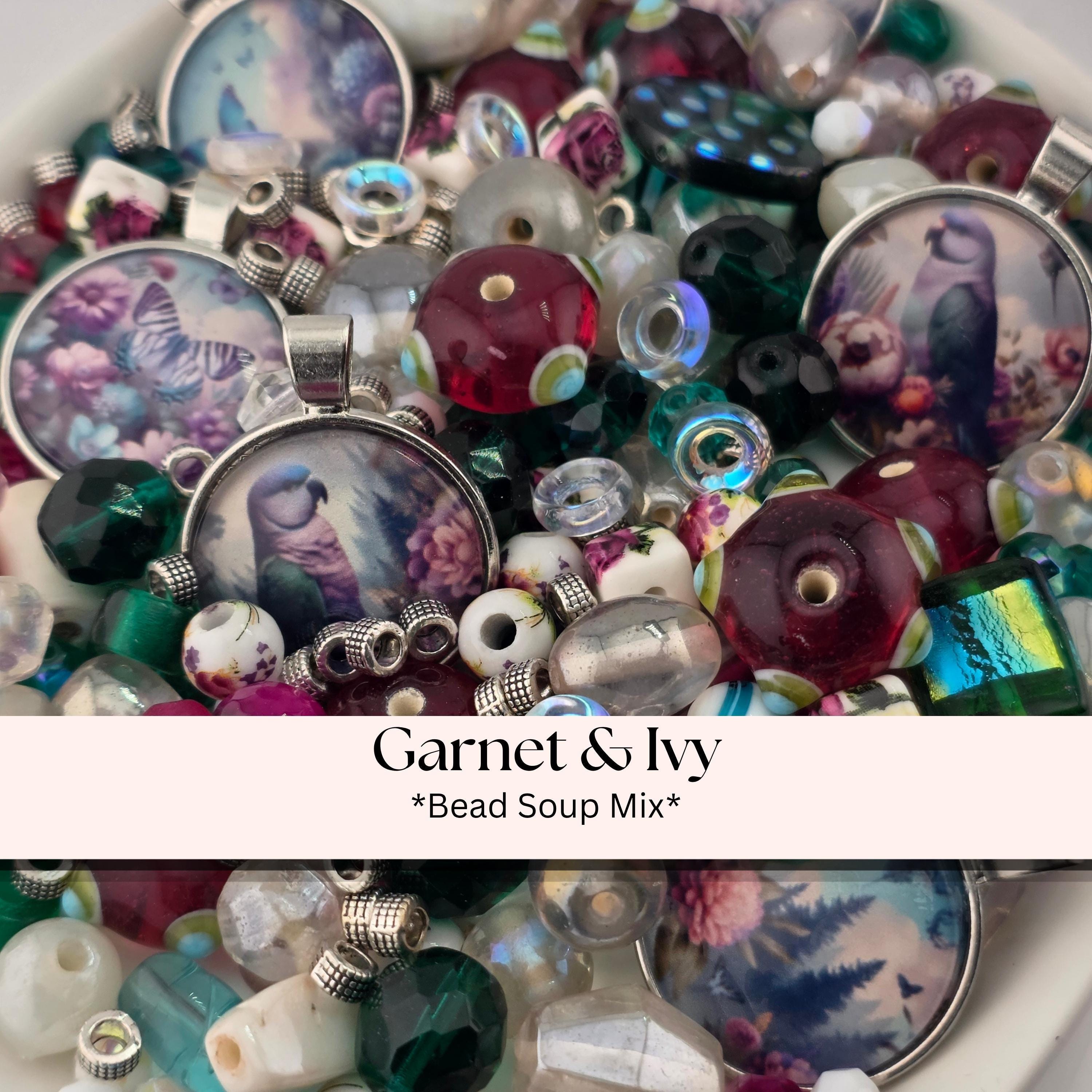 Garnet Ivy Bead Soup Mix | Garnet Forest Green Glass Beads | Mermaid Lady Cabochon Pendants | DIY Jewelry Making | Learise Curated Mix
