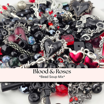Glass Bead Soup Mix - Blood & Roses | Black, Blood Red and Silve Beads | Cross-Heart, Skull and Rose Pendants | DIY Jewelry Making Supply