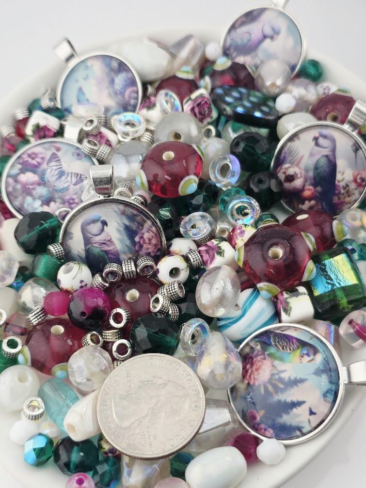 Garnet Ivy Bead Soup Mix | Garnet Forest Green Glass Beads | Mermaid Lady Cabochon Pendants | DIY Jewelry Making | Learise Curated Mix