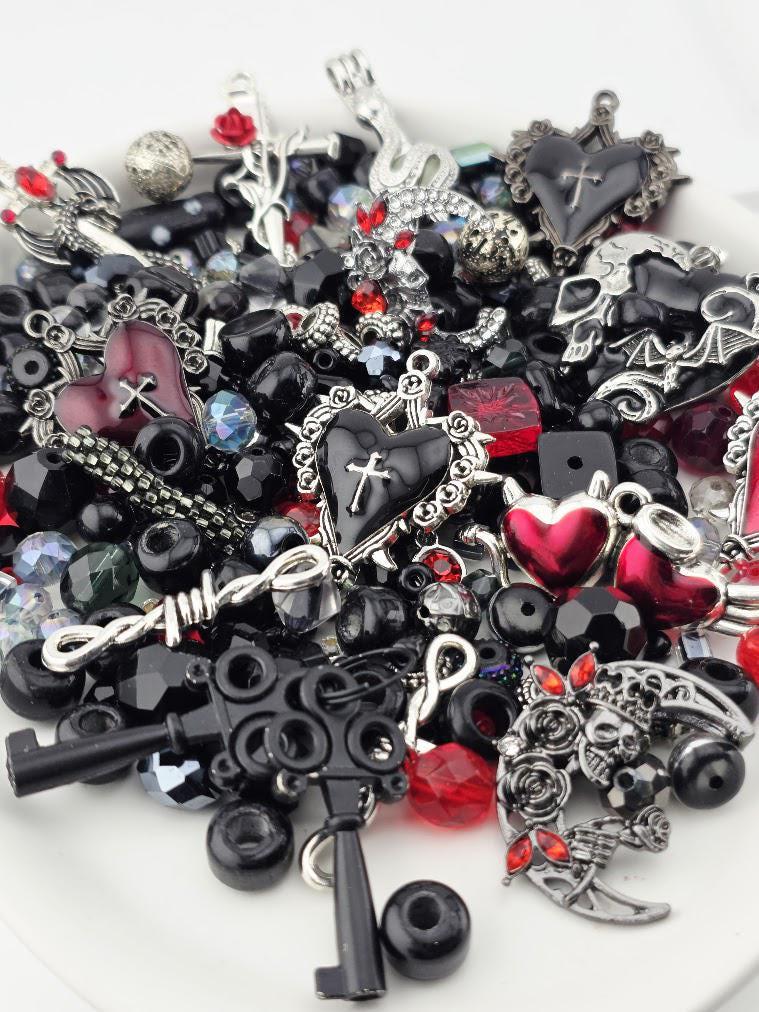 Glass Bead Soup Mix - Blood & Roses | Black, Blood Red and Silve Beads | Cross-Heart, Skull and Rose Pendants | DIY Jewelry Making Supply