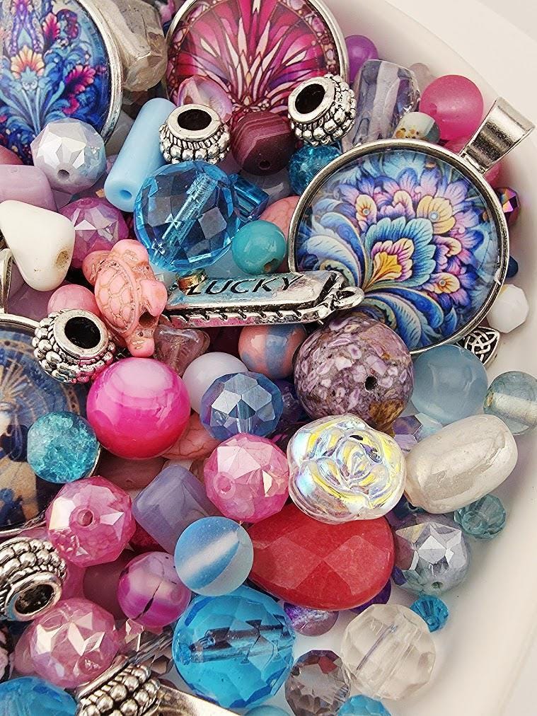 Glass Bead Soup Mix - Mystic Bohemia | Pink, Turquoise and Purple Glass Beads | Paisley, Mandala and Goddess Pendants