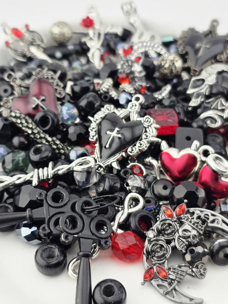 Glass Bead Soup Mix - Blood & Roses | Black, Blood Red and Silve Beads | Cross-Heart, Skull and Rose Pendants | DIY Jewelry Making Supply