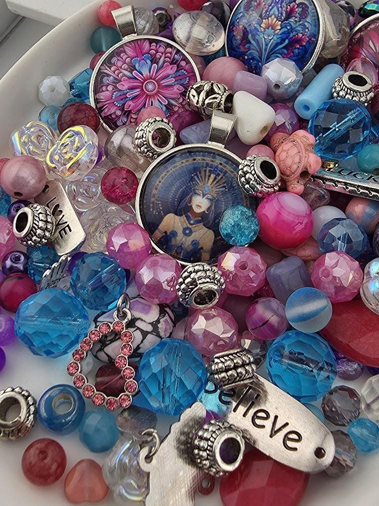 Glass Bead Soup Mix - Mystic Bohemia | Pink, Turquoise and Purple Glass Beads | Paisley, Mandala and Goddess Pendants