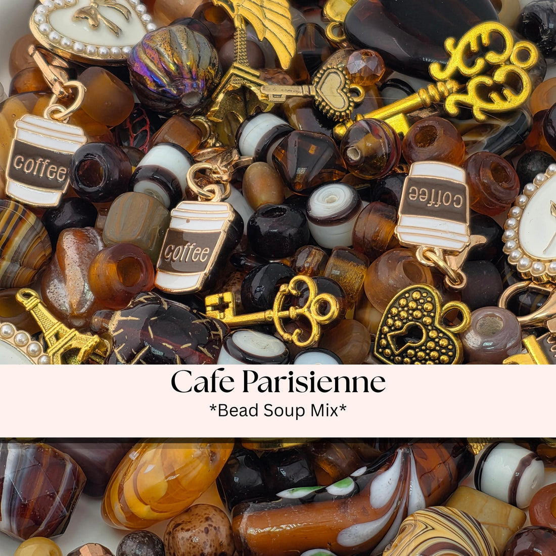 Café Parisienne Bead Soup Mix | Espresso Brown and Amber Glass Beads | Coffee, Eiffel and Key Charm Pendants | DIY Jewelry Making
