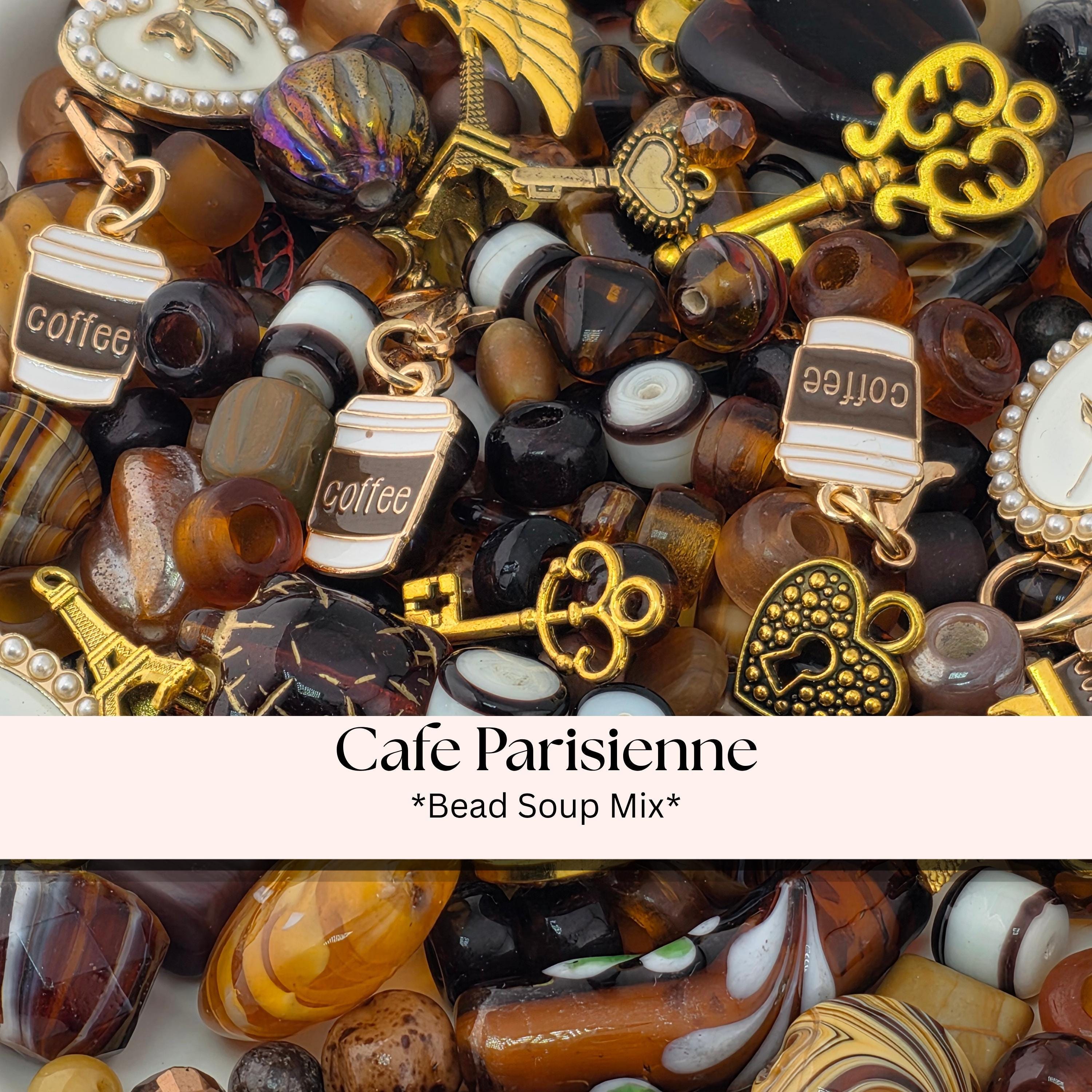 Café Parisienne Bead Soup Mix | Espresso Brown and Amber Glass Beads | Coffee, Eiffel and Key Charm Pendants | DIY Jewelry Making