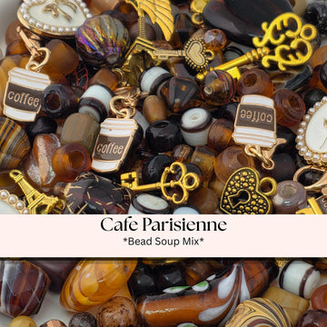 Café Parisienne Bead Soup Mix | Espresso Brown and Amber Glass Beads | Coffee, Eiffel and Key Charm Pendants | DIY Jewelry Making