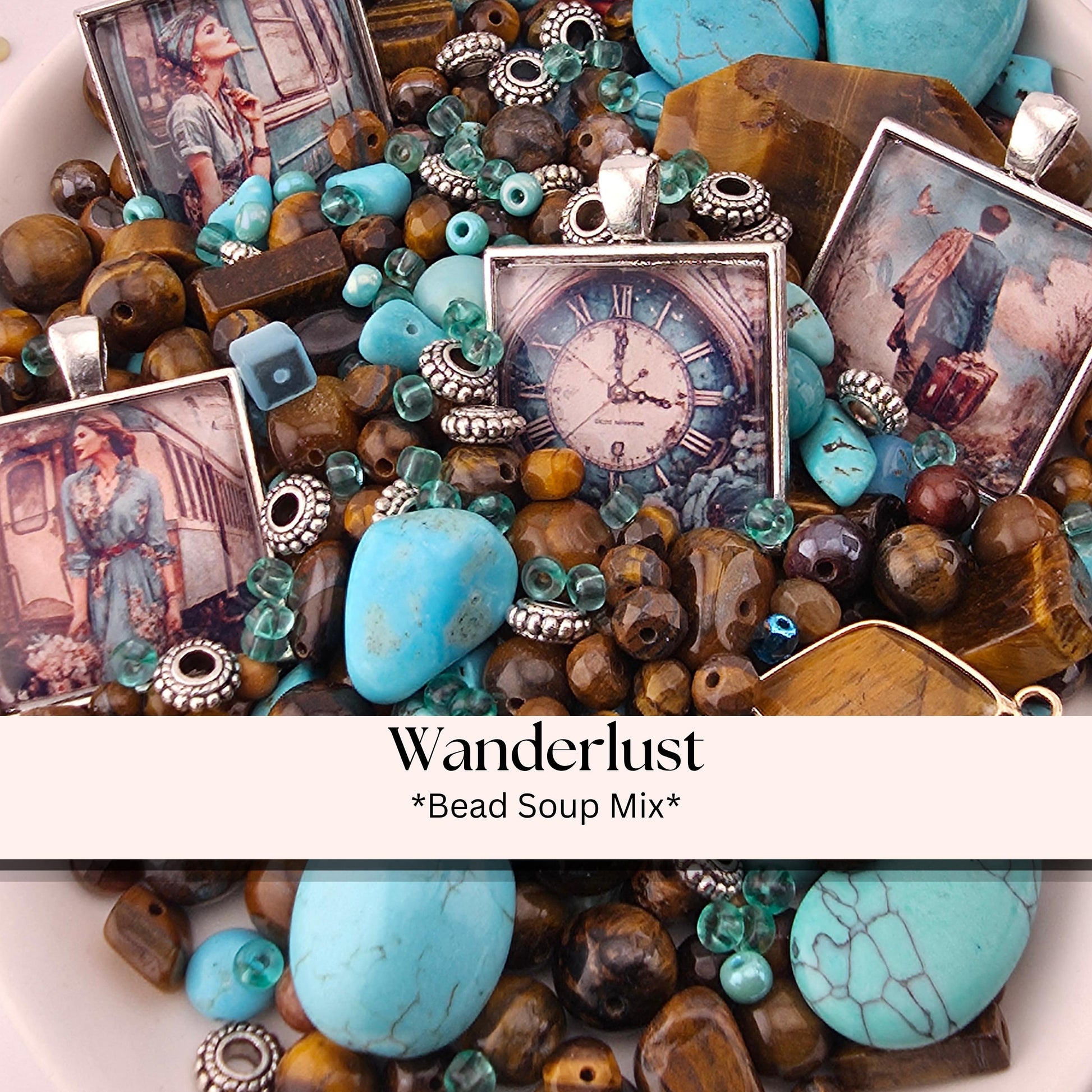 Wanderlust Bead Soup Mix | Turquoise and Tiger's Eye Glass Beads | Vintage Travel and Clock Cabochon Pendants | DIY Jewelry Making