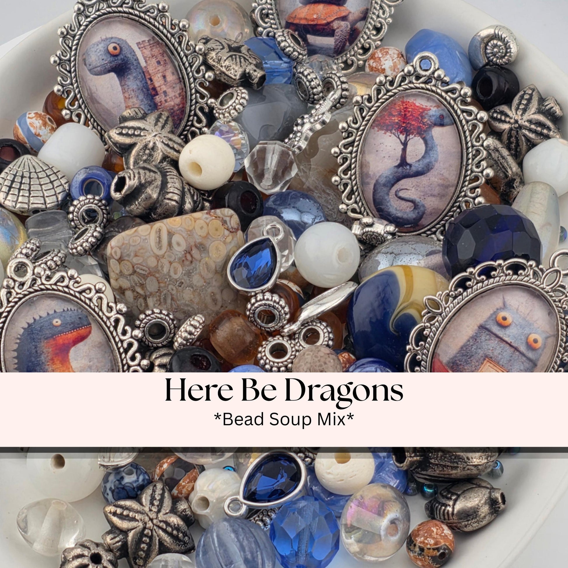 Here Be Dragons Bead Soup Mix | Navy, Cream Silver Glass Beads | Sea Monster Galleon Pendants | DIY Jewelry Making | Learise Curated Mix