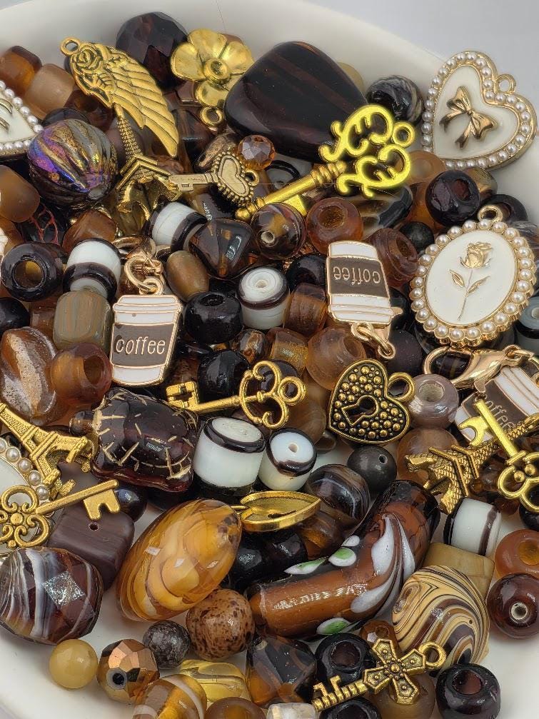 Café Parisienne Bead Soup Mix | Espresso Brown and Amber Glass Beads | Coffee, Eiffel and Key Charm Pendants | DIY Jewelry Making