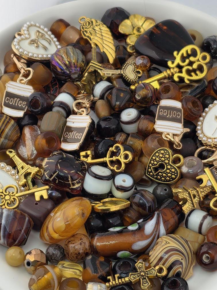Café Parisienne Bead Soup Mix | Espresso Brown and Amber Glass Beads | Coffee, Eiffel and Key Charm Pendants | DIY Jewelry Making