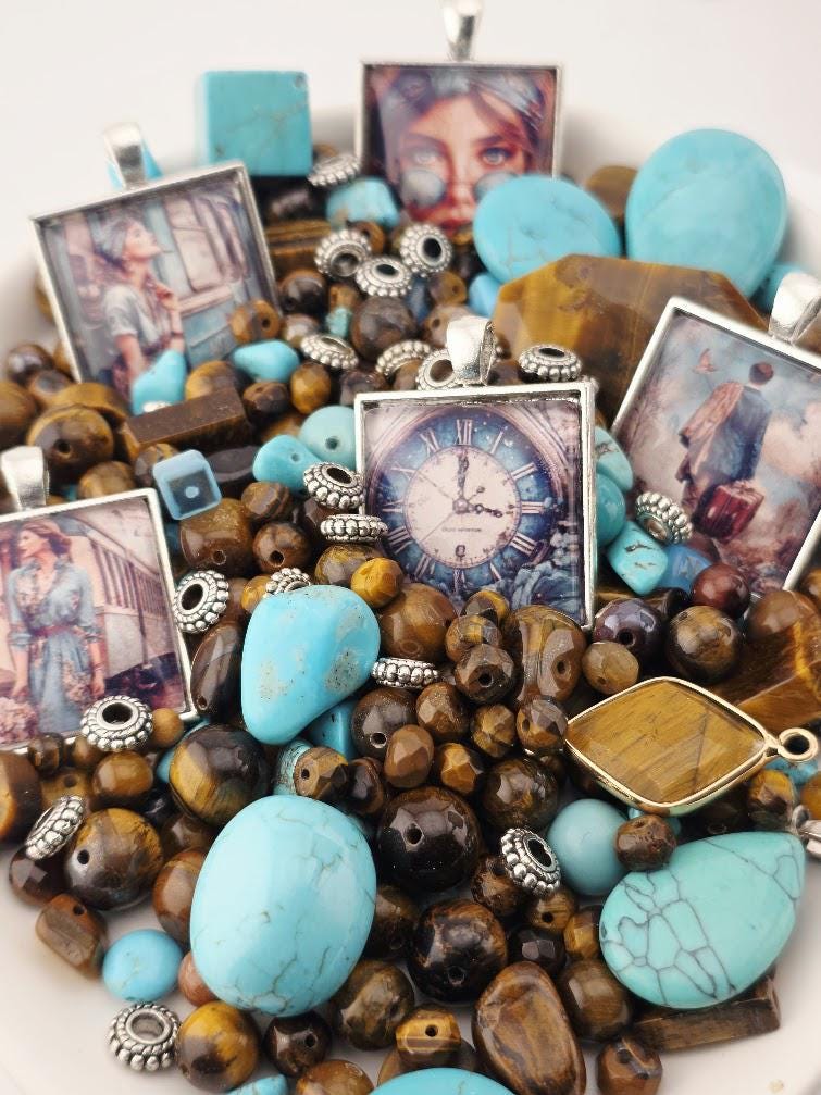 Wanderlust Bead Soup Mix | Turquoise and Tiger's Eye Glass Beads | Vintage Travel and Clock Cabochon Pendants | DIY Jewelry Making