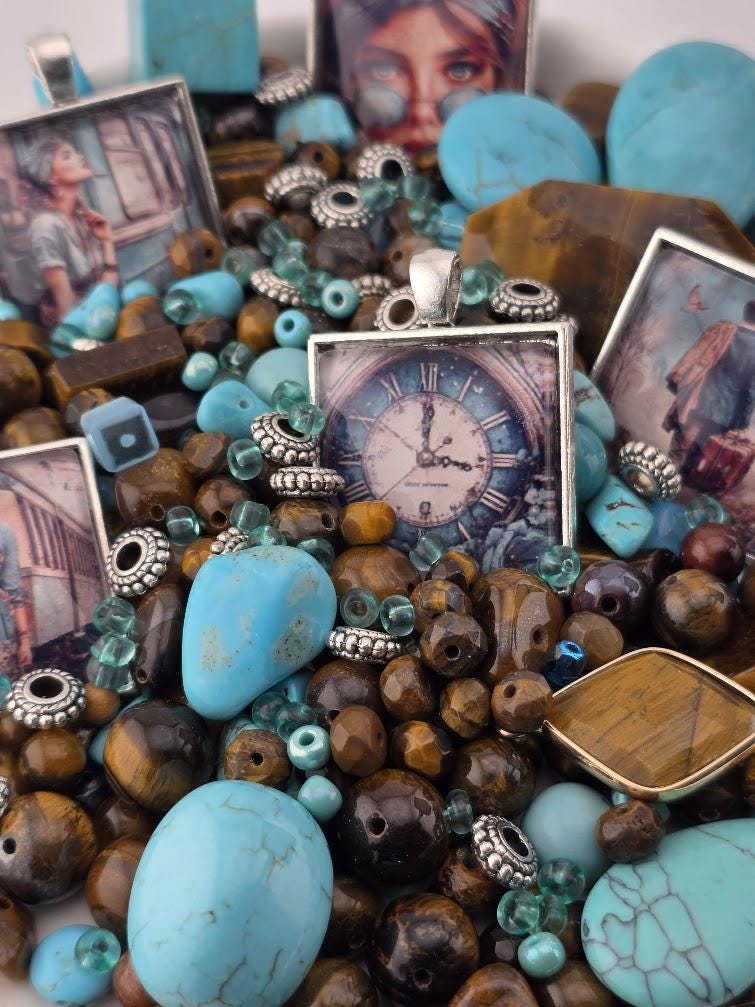 Wanderlust Bead Soup Mix | Turquoise and Tiger's Eye Glass Beads | Vintage Travel and Clock Cabochon Pendants | DIY Jewelry Making