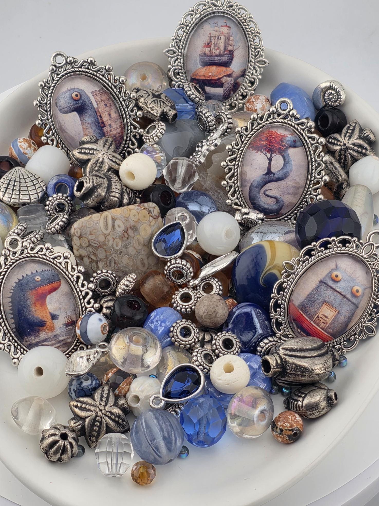 Here Be Dragons Bead Soup Mix | Navy, Cream Silver Glass Beads | Sea Monster Galleon Pendants | DIY Jewelry Making | Learise Curated Mix