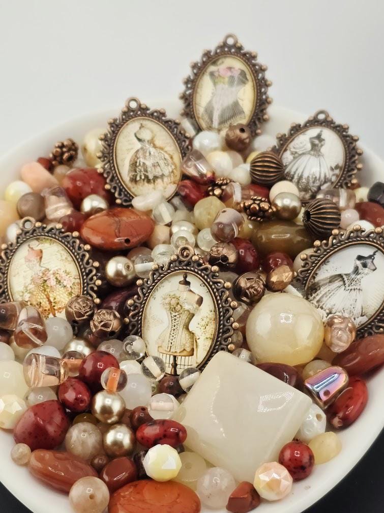 Vintage Atelier Bead Soup Mix | Cream, Maroon and Copper Glass Beads | Victorian Corset and Dress Cabochon Pendants | DIY Jewelry Making