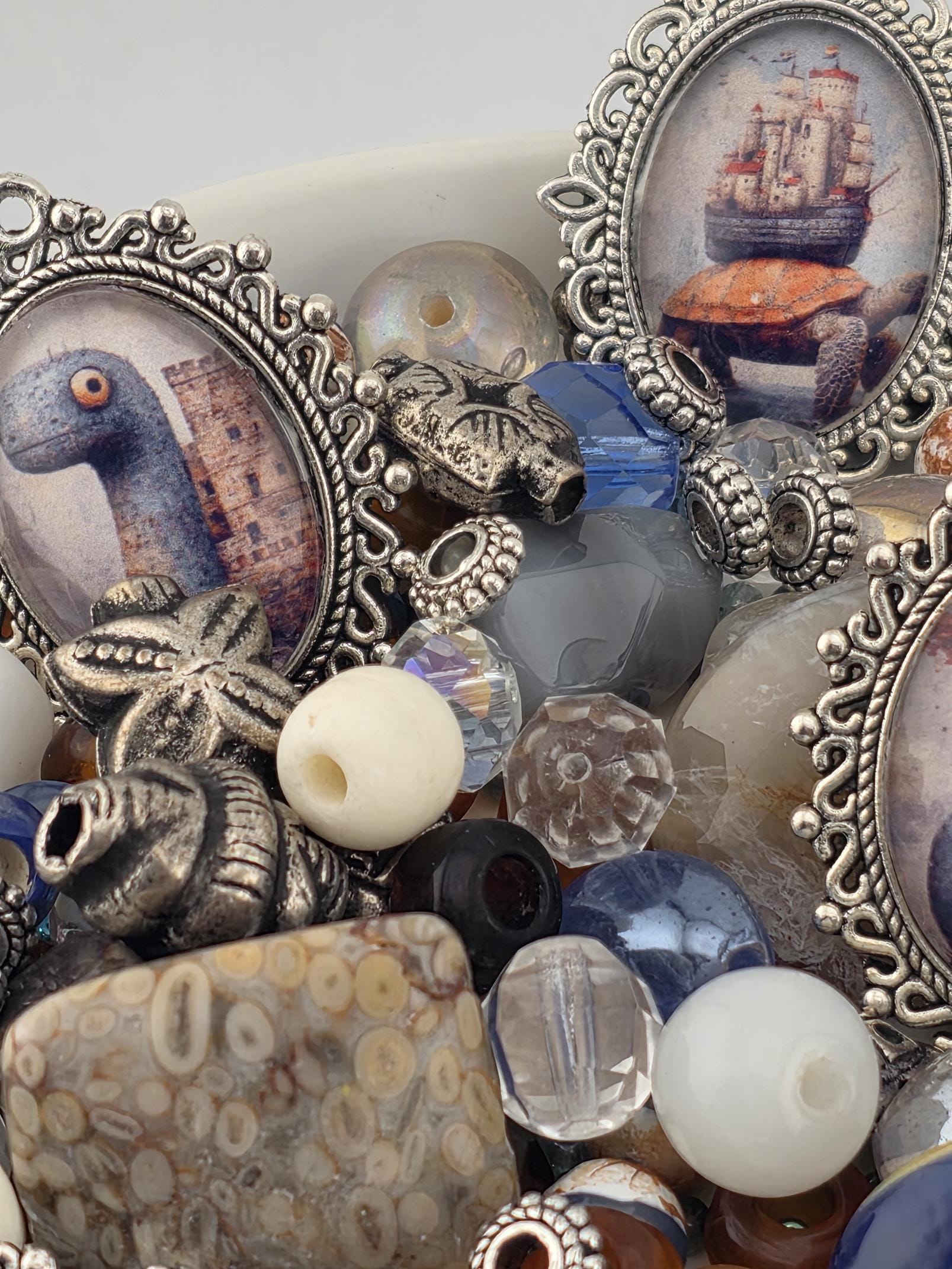 Here Be Dragons Bead Soup Mix | Navy, Cream Silver Glass Beads | Sea Monster Galleon Pendants | DIY Jewelry Making | Learise Curated Mix