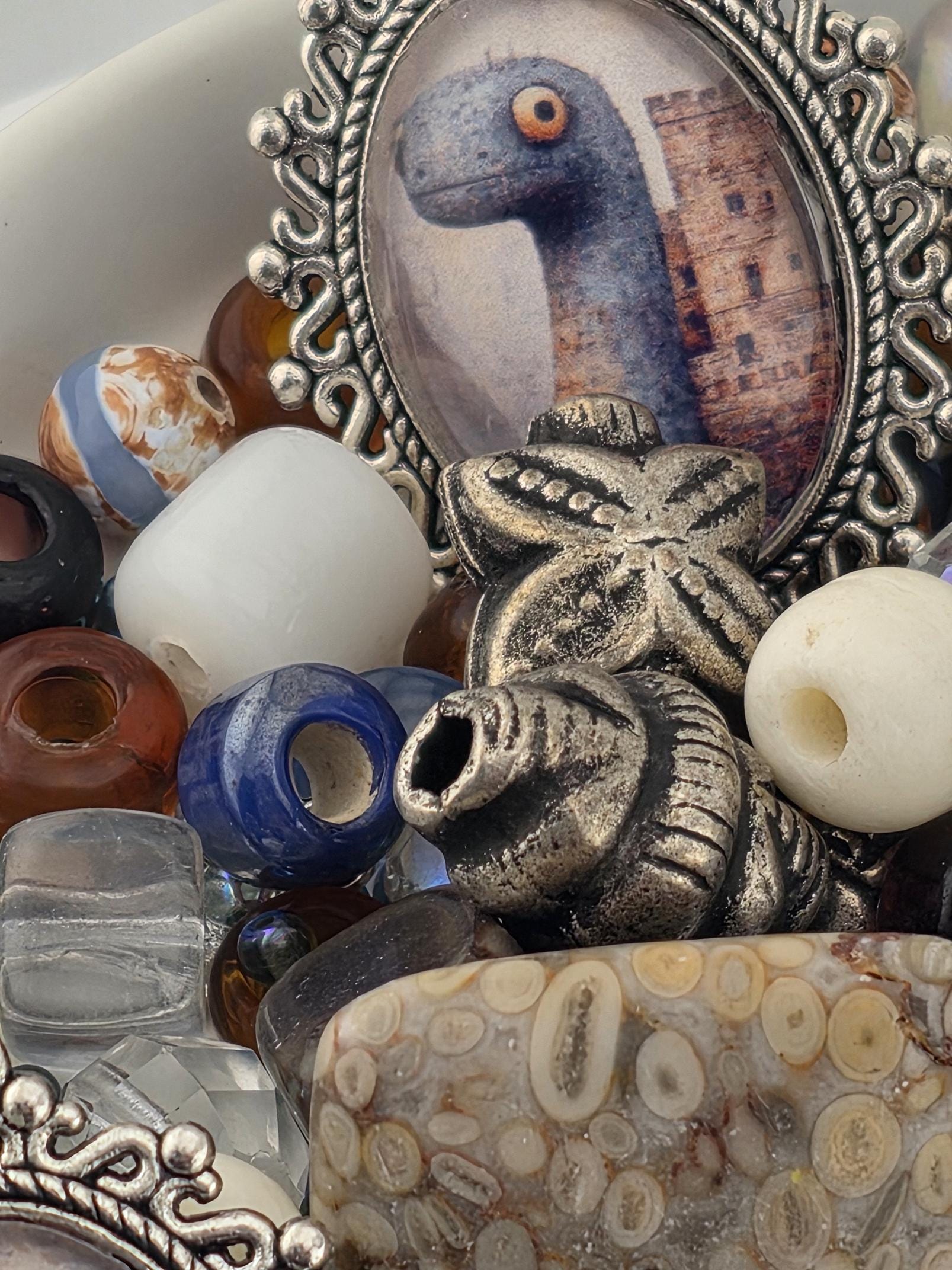Here Be Dragons Bead Soup Mix | Navy, Cream Silver Glass Beads | Sea Monster Galleon Pendants | DIY Jewelry Making | Learise Curated Mix
