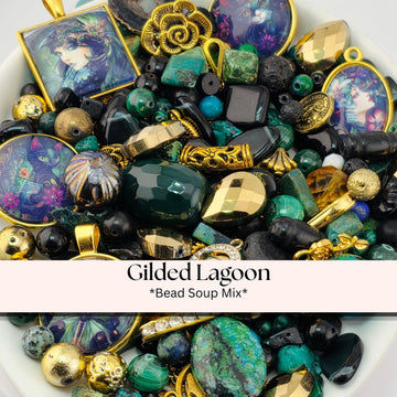 Gilded Lagoon Bead Soup Mix | Teal and Gold Glass Beads | Iridescent Floral Cabochon Pendants | DIY Jewelry Making | Learise Curated Mix