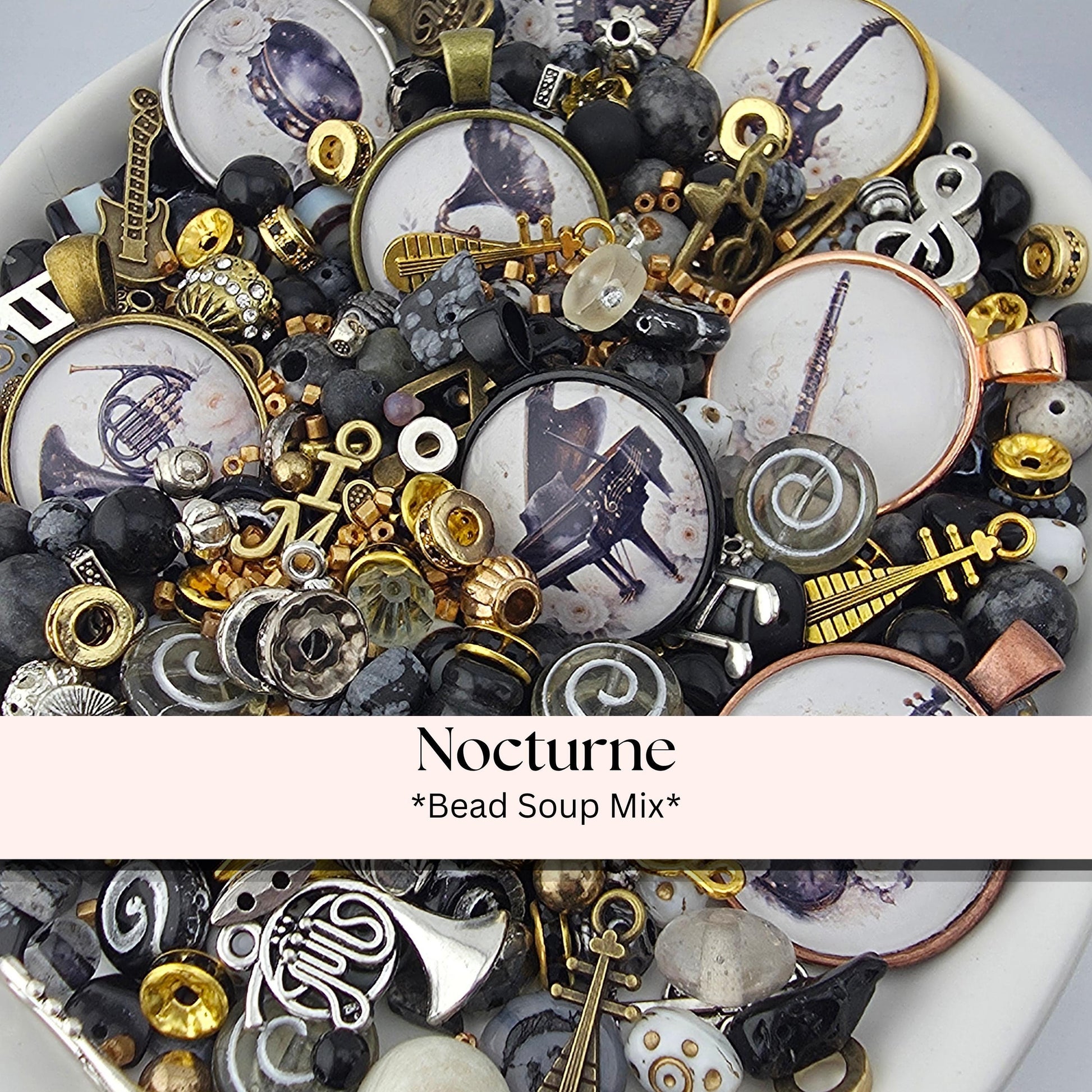 Nocturne Bead Soup Mix | Black and Gold Glass Beads | Piano and Violin Cabochon Pendants | DIY Jewelry Making | Learise Curated Mix