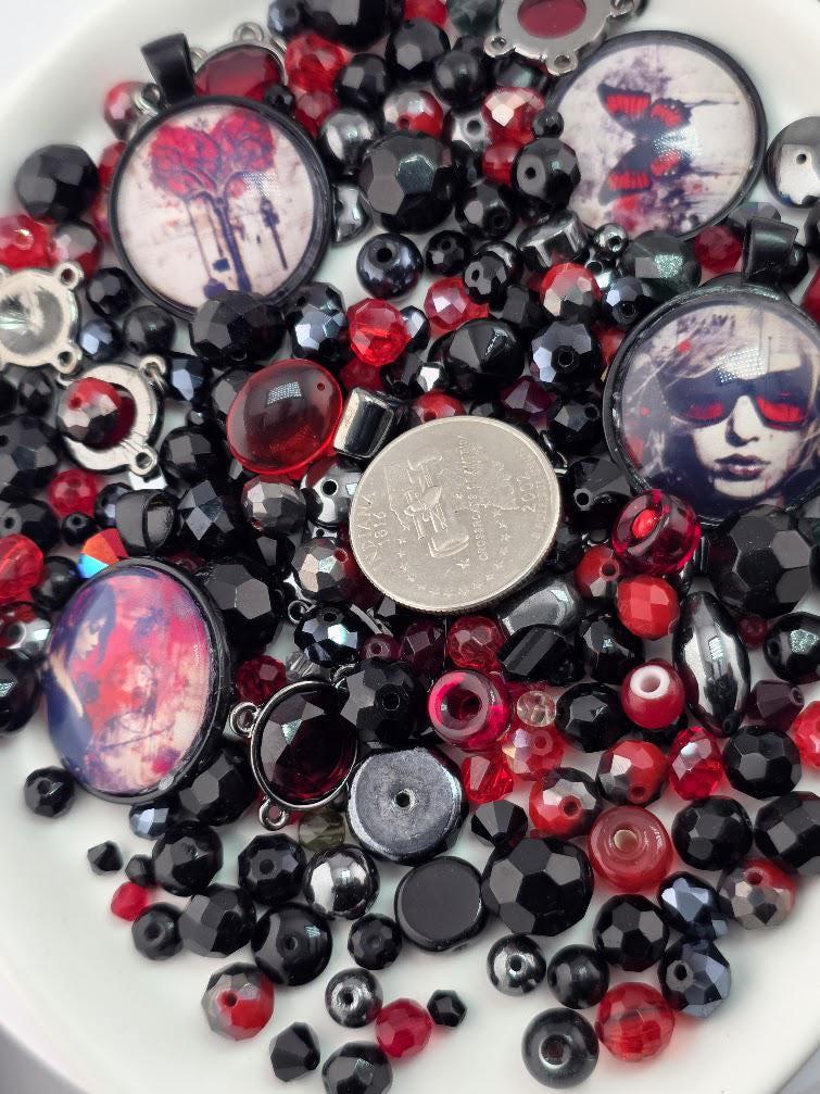 Ruby Shadows Bead Soup Mix | Red and Black Glass Beads | Gothic Portrait Cabochon Pendants | DIY Jewelry Making | Learise Curated Mix