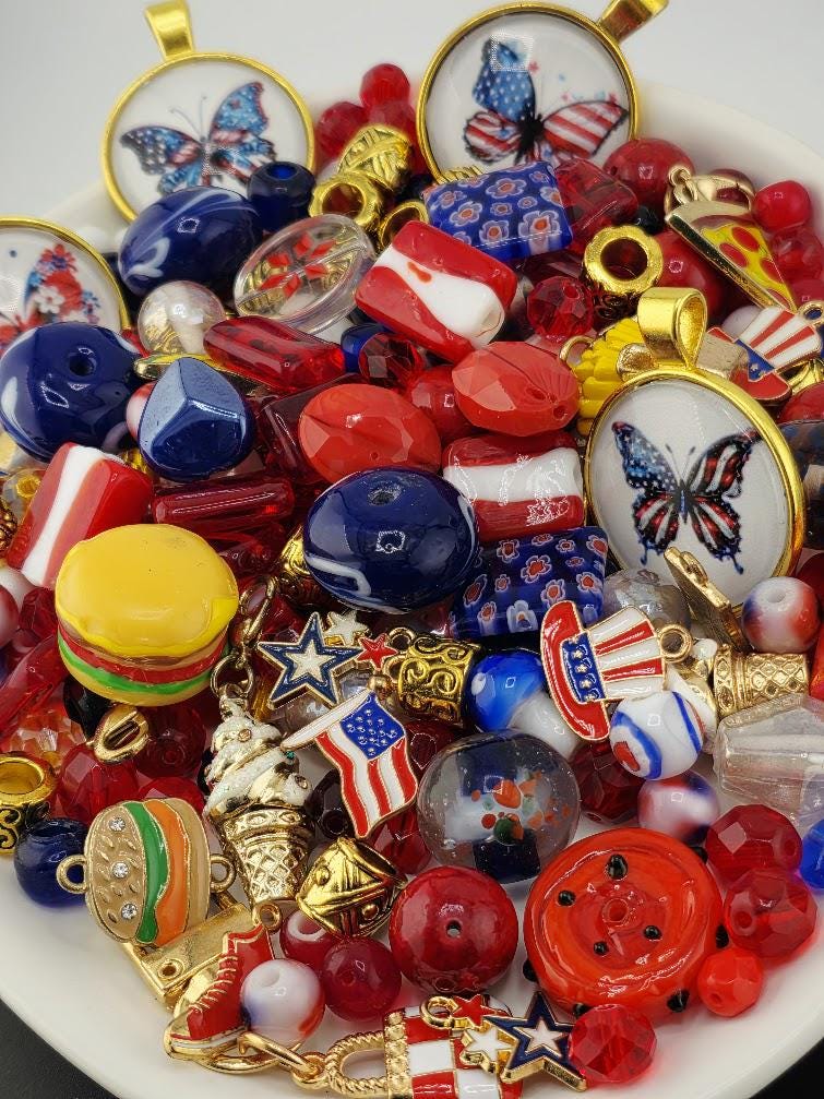 Star-Spangled Bead Soup Mix | Red, White and Blue Glass Beads | Patriotic Butterfly Cabochon Pendants | DIY Jewelry Making