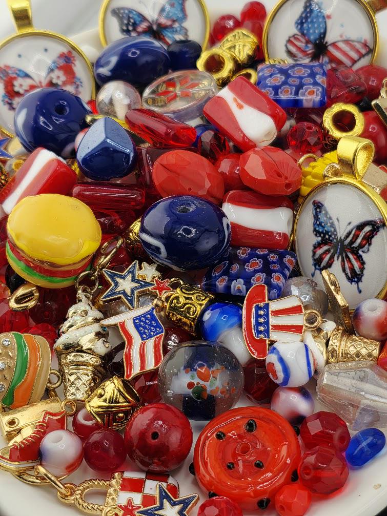 Star-Spangled Bead Soup Mix | Red, White and Blue Glass Beads | Patriotic Butterfly Cabochon Pendants | DIY Jewelry Making