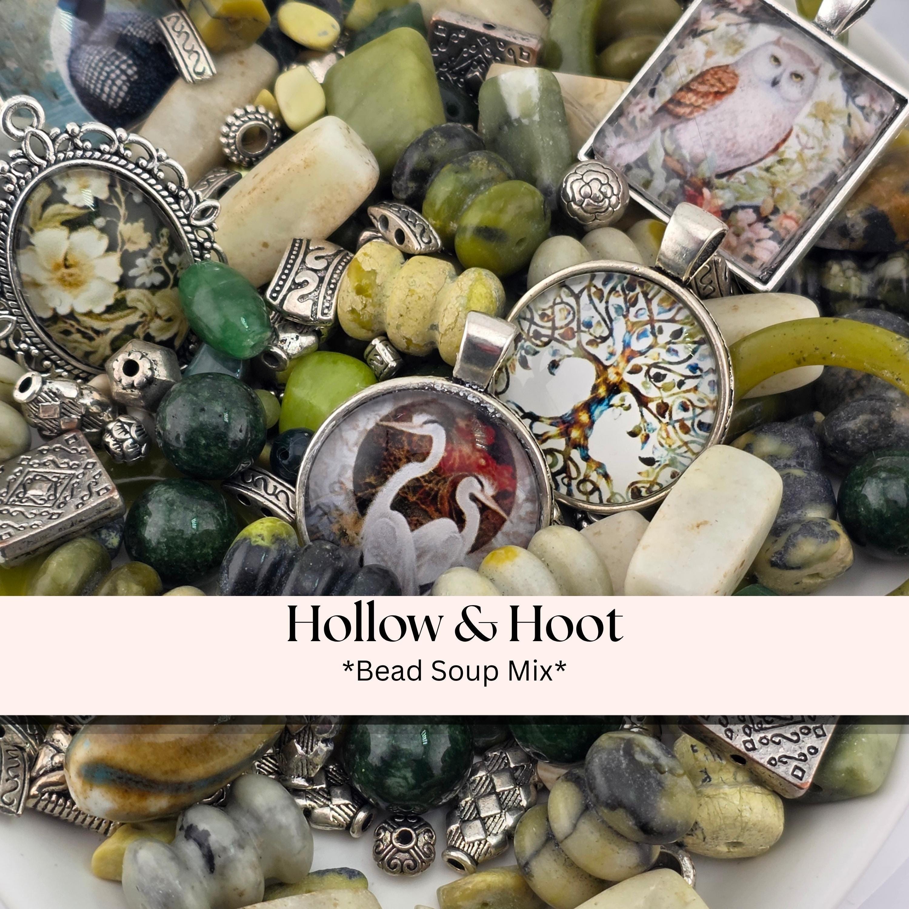 Hollow and Hoot Bead Soup Mix | Mossy Green and Cream Glass Beads | Owl and Tree of Life Cabochon Pendants | DIY Jewelry Making