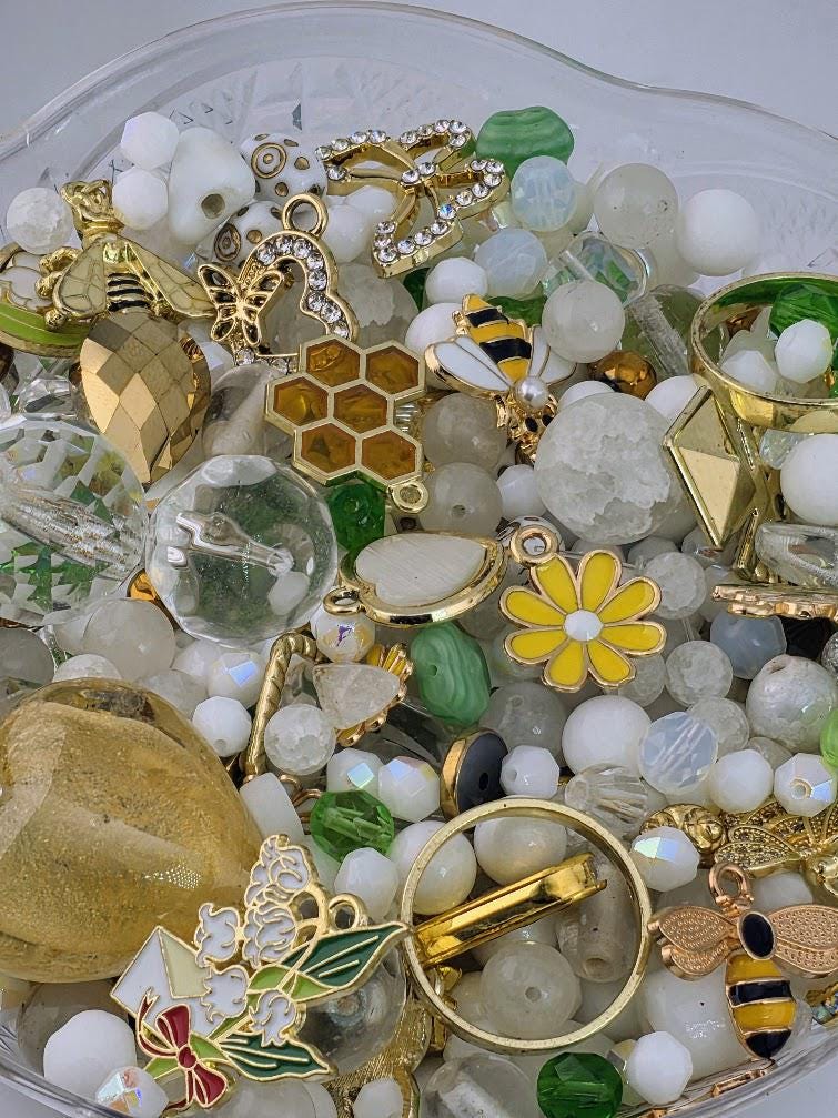 Garden Gemstone Bead Mix, Quartz & Magnesite with Glass Charms (2oz Pack)