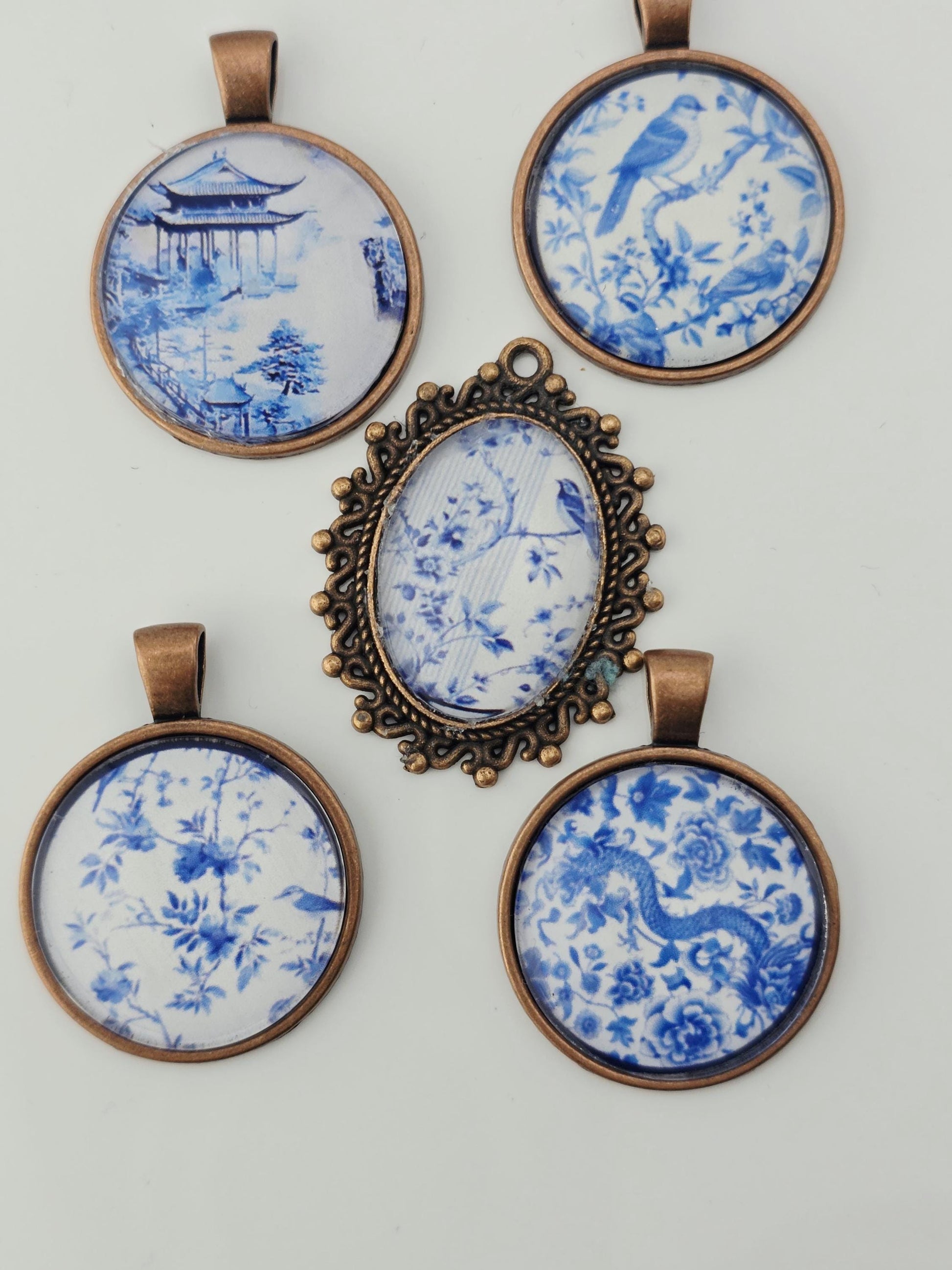 Willow and Copper Bead Soup Mix | Blue and White Chinoiserie Glass Beads | Copper Bird and Floral Cabochon Pendants | DIY Jewelry Making