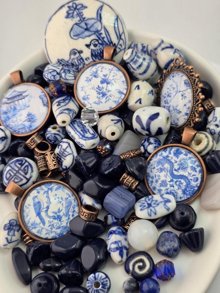 Willow and Copper Bead Soup Mix | Blue and White Chinoiserie Glass Beads | Copper Bird and Floral Cabochon Pendants | DIY Jewelry Making