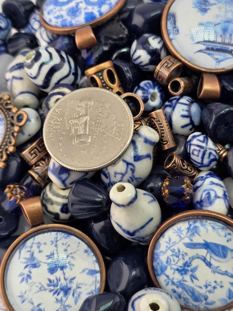 Willow and Copper Bead Soup Mix | Blue and White Chinoiserie Glass Beads | Copper Bird and Floral Cabochon Pendants | DIY Jewelry Making