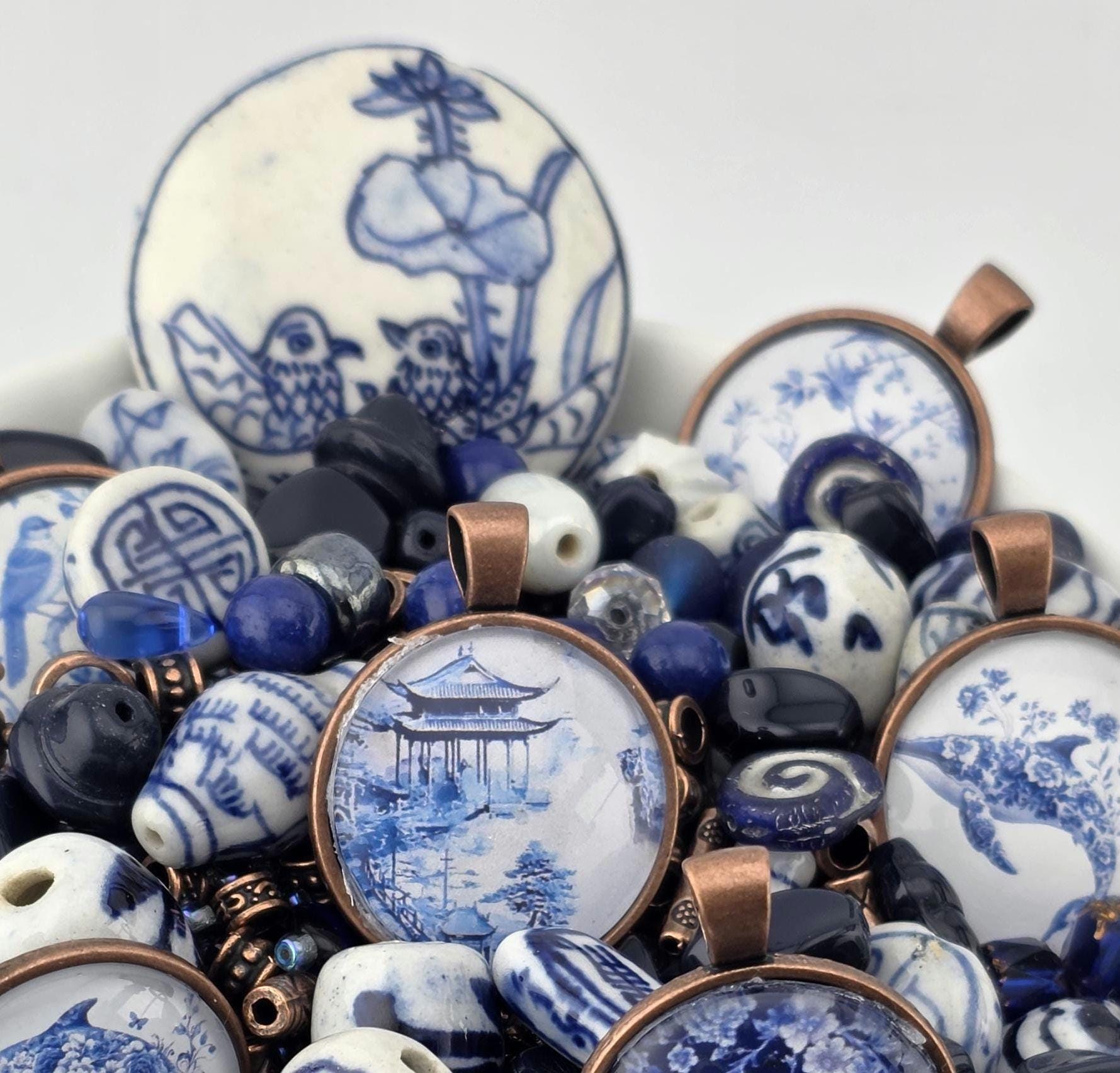 Willow and Copper Bead Soup Mix | Blue and White Chinoiserie Glass Beads | Copper Bird and Floral Cabochon Pendants | DIY Jewelry Making