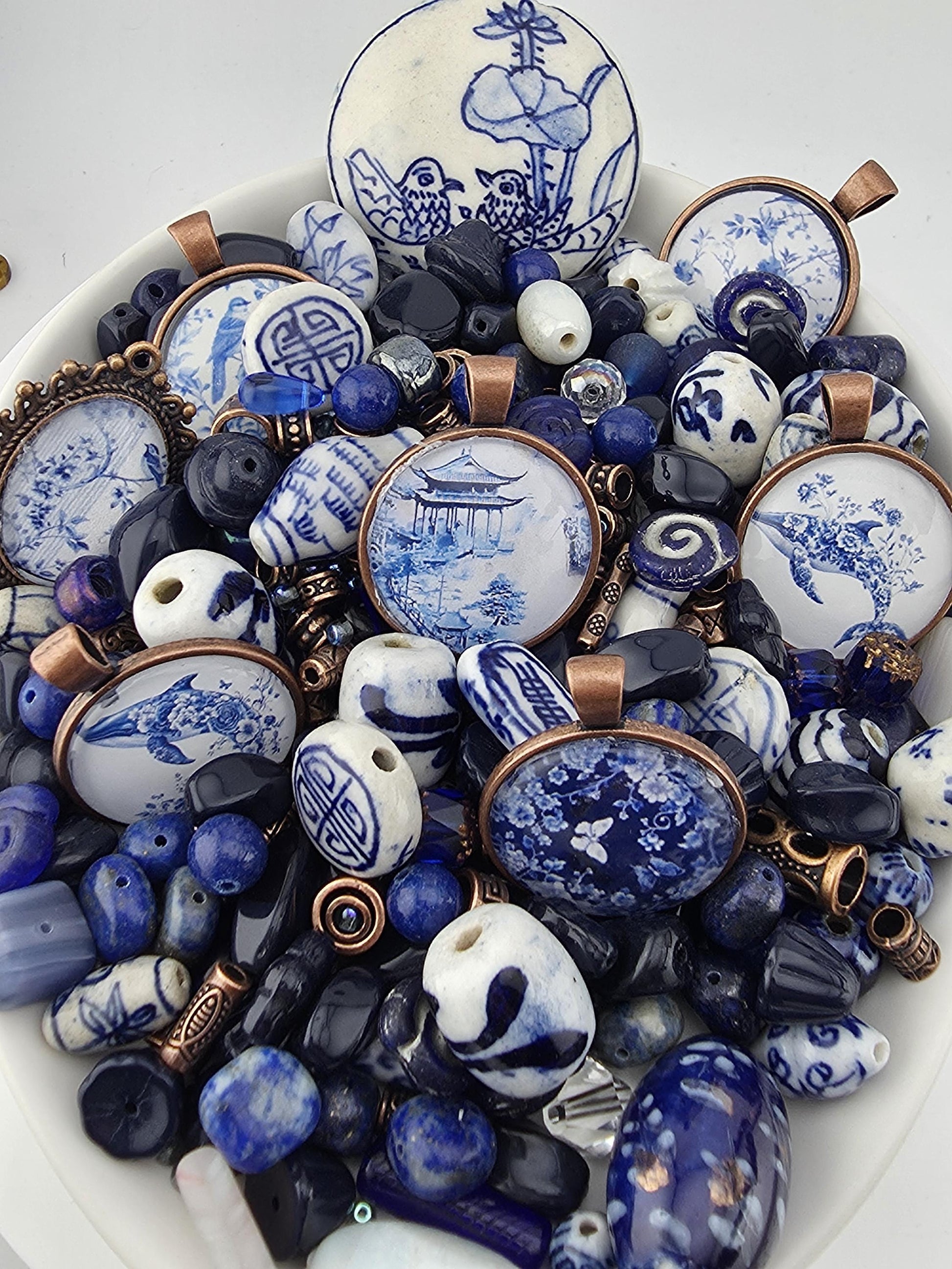 Willow and Copper Bead Soup Mix | Blue and White Chinoiserie Glass Beads | Copper Bird and Floral Cabochon Pendants | DIY Jewelry Making