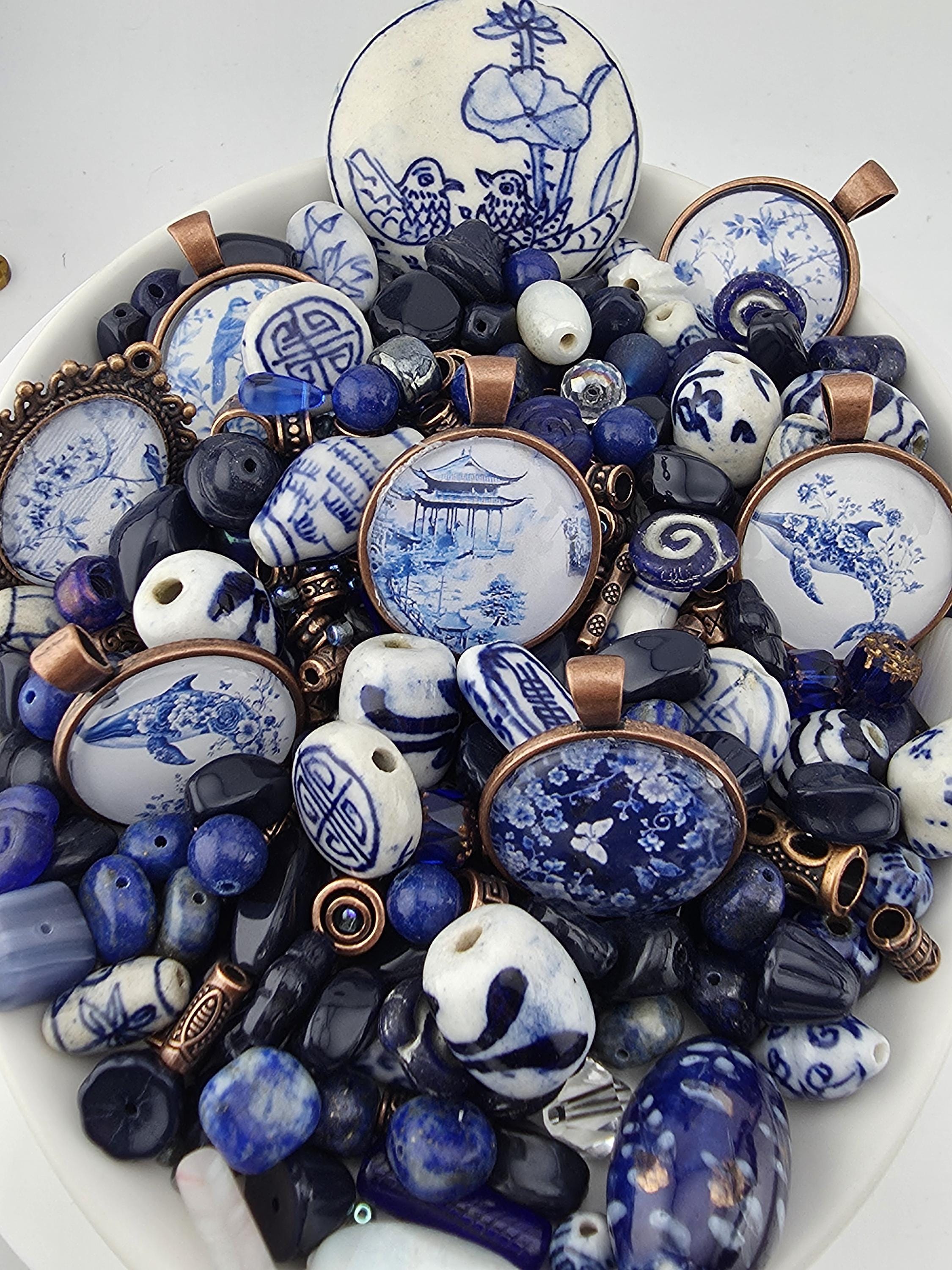 Willow and Copper Bead Soup Mix | Blue and White Chinoiserie Glass Beads | Copper Bird and Floral Cabochon Pendants | DIY Jewelry Making