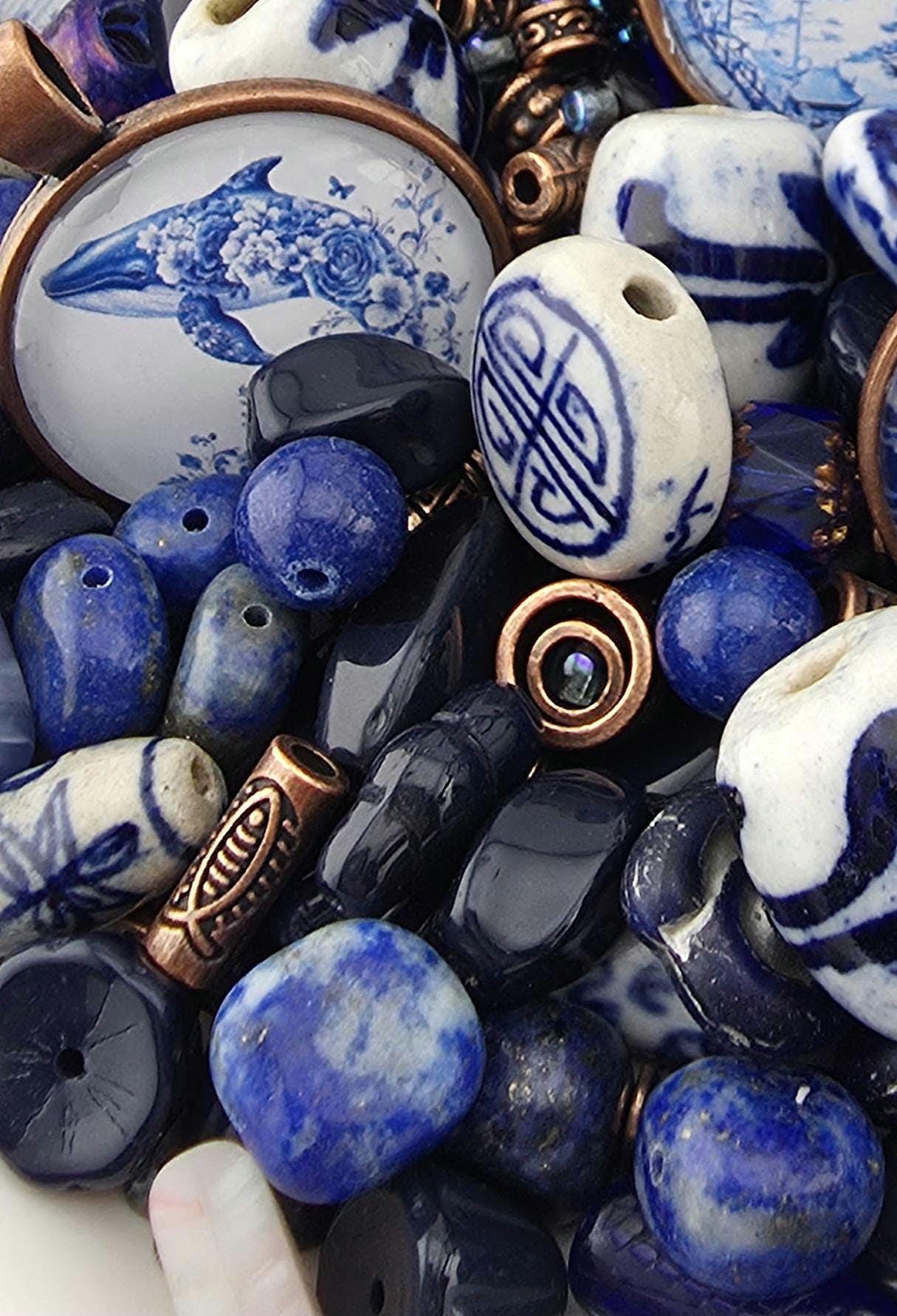 Willow and Copper Bead Soup Mix | Blue and White Chinoiserie Glass Beads | Copper Bird and Floral Cabochon Pendants | DIY Jewelry Making