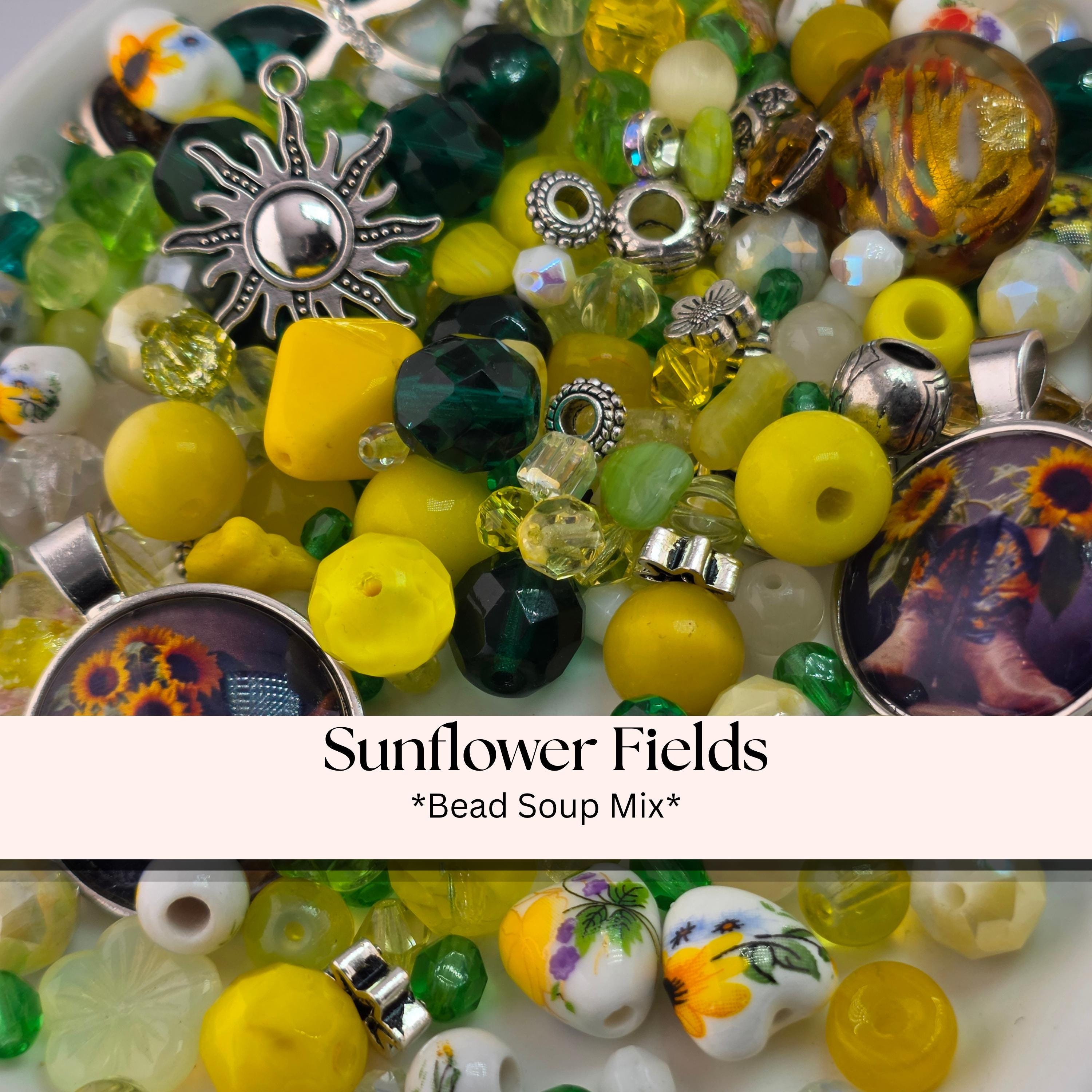 Sunflower Fields Bead Soup Mix | Sunny Yellow and Emerald Glass Beads | Sunflower and Daisy Cabochon Pendants | DIY Jewelry Making