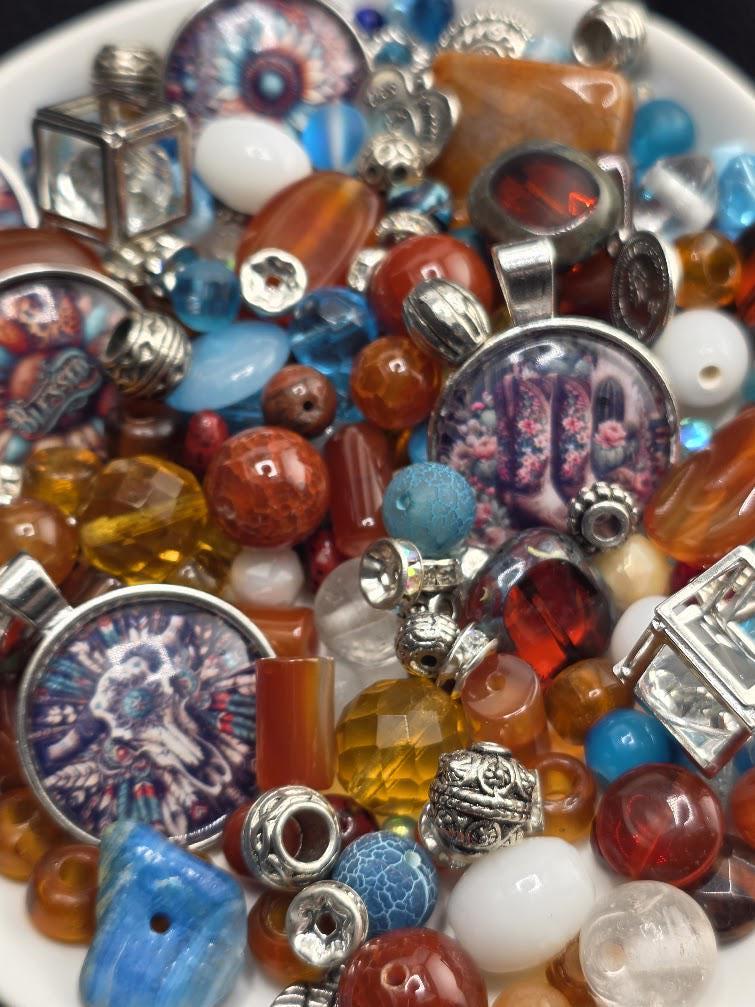 Mesa Sunrise Bead Soup Mix | Rust and Turquoise Glass Beads | Bull Skull and Sunflower Cabochon Pendants | DIY Jewelry Making