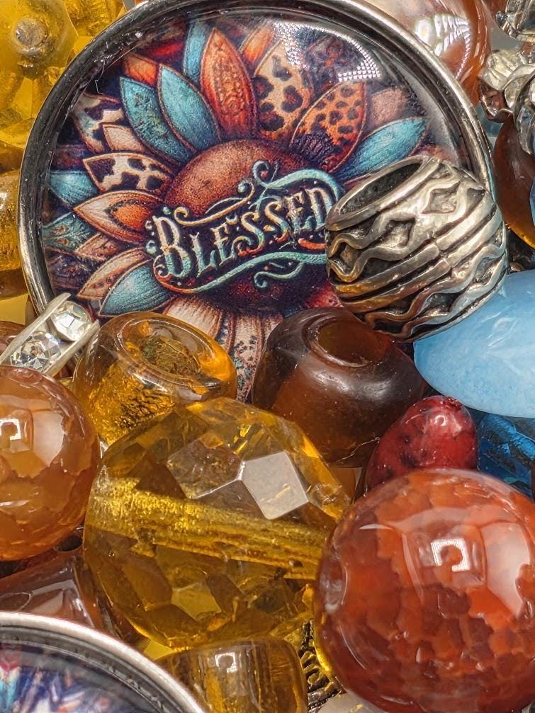 Mesa Sunrise Bead Soup Mix | Rust and Turquoise Glass Beads | Bull Skull and Sunflower Cabochon Pendants | DIY Jewelry Making