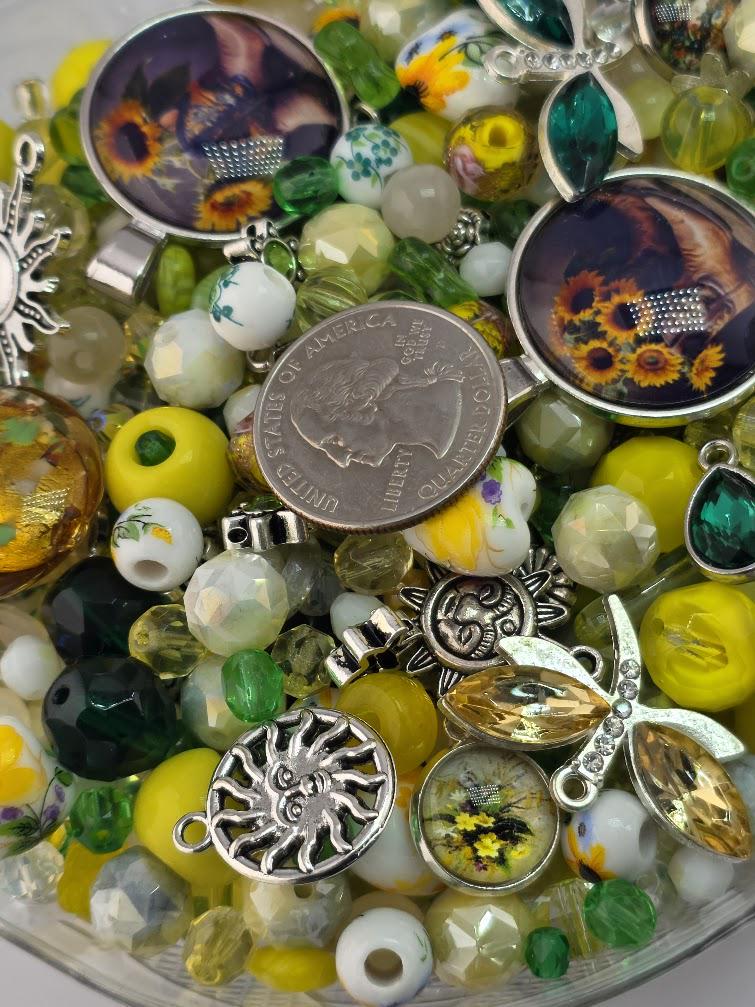 Sunflower Fields Bead Soup Mix | Sunny Yellow and Emerald Glass Beads | Sunflower and Daisy Cabochon Pendants | DIY Jewelry Making